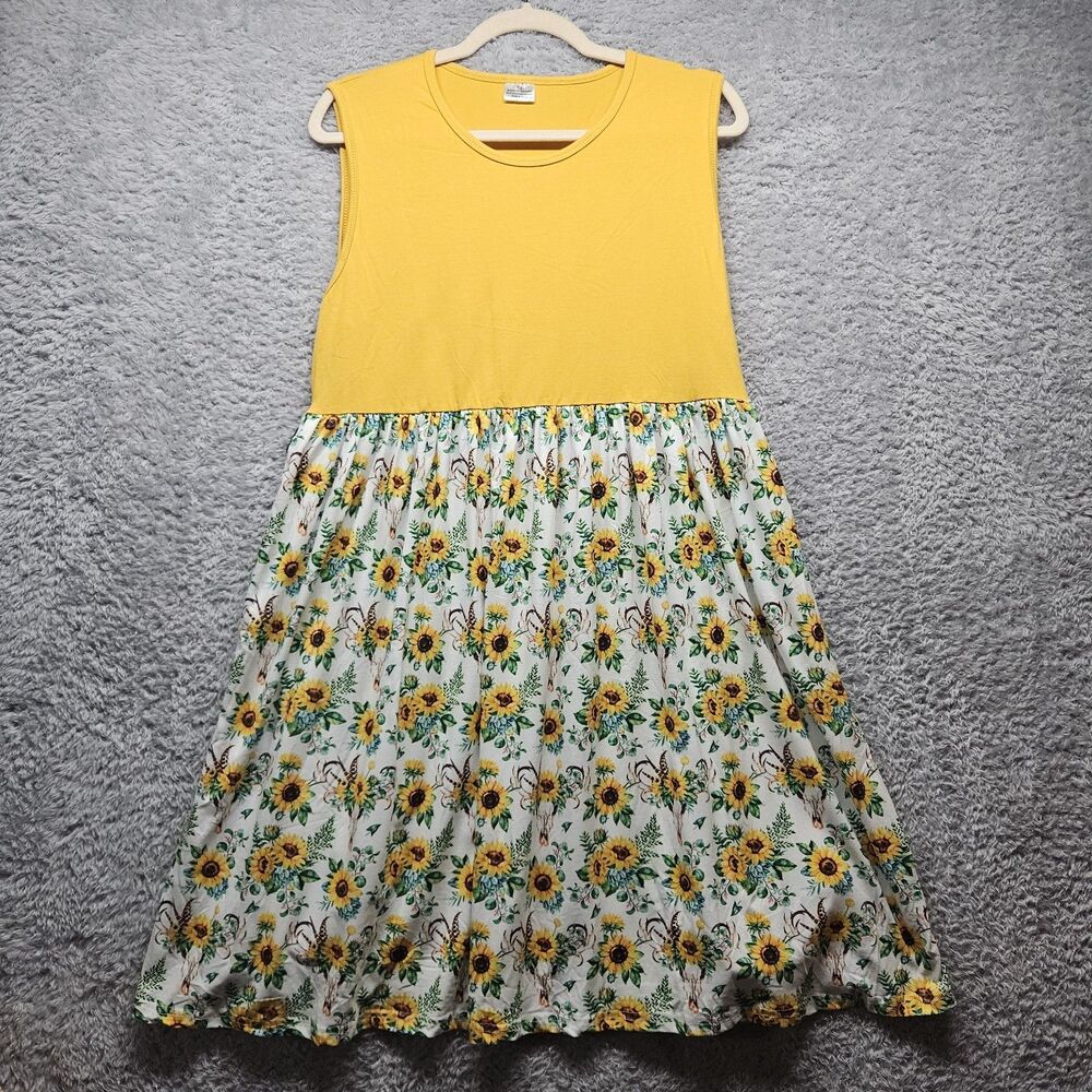 Womens Yellow Sunflower Mini Dress Size XL Western Stretch Casual